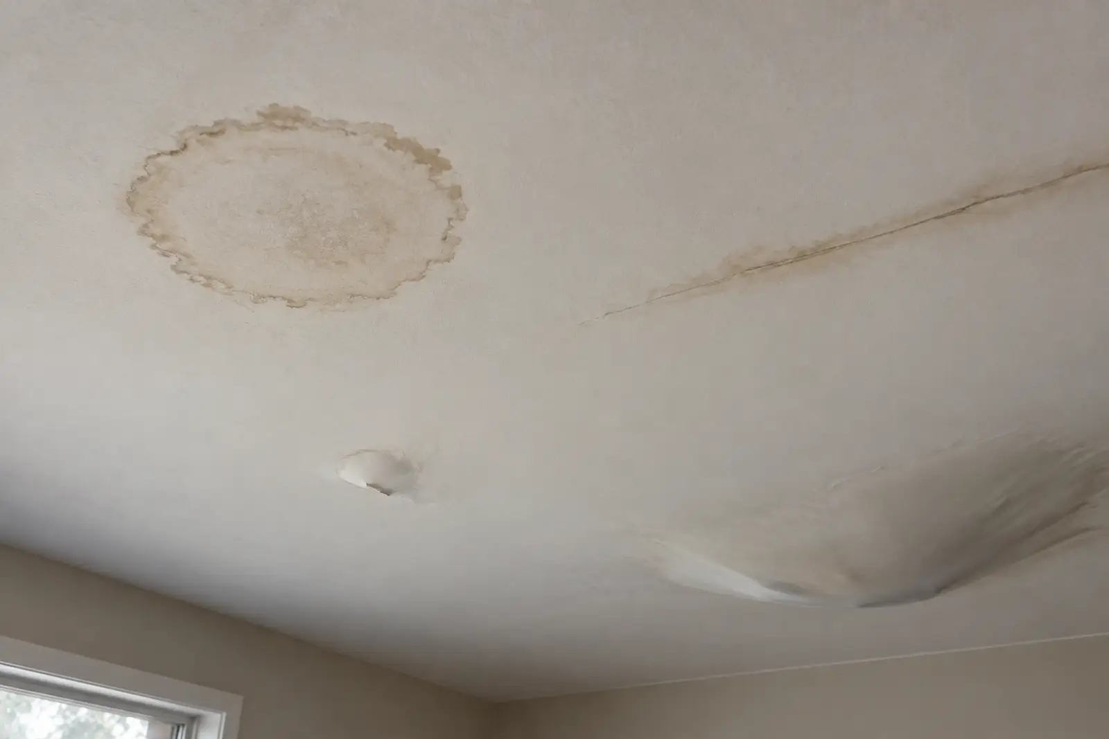 Water-stained ceiling showing a dried ring, a bubbled patch and a sagging section