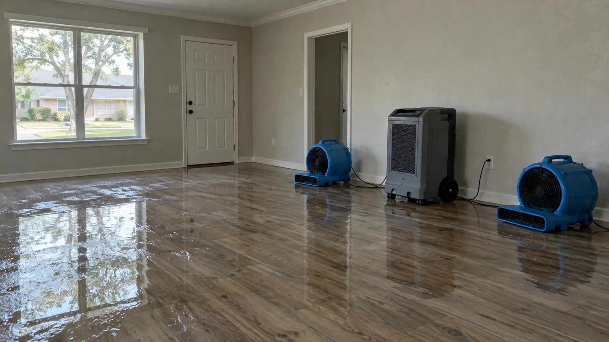 Living room with water on the floor and drying fans running along the wall