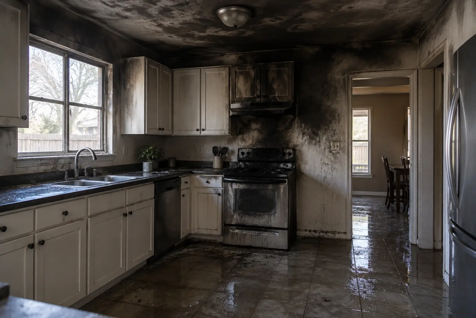 Kitchen walls and ceiling blackened by smoke